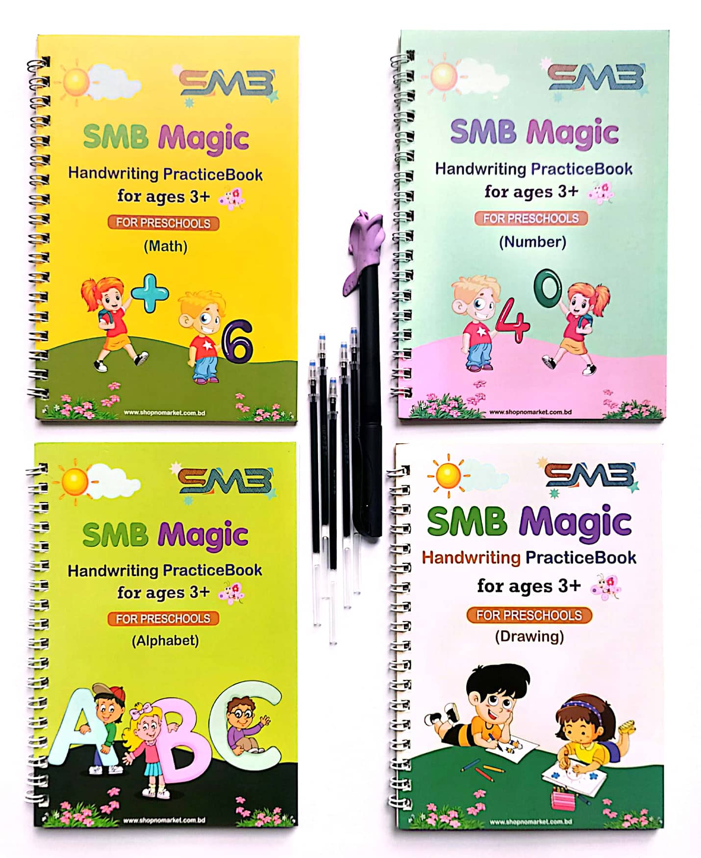 SMB Magic Handwriting PracticeBook – English (Number, Alphabet, Math, Drawing) 4pcs Set With Pen (পেপারব্যাক)